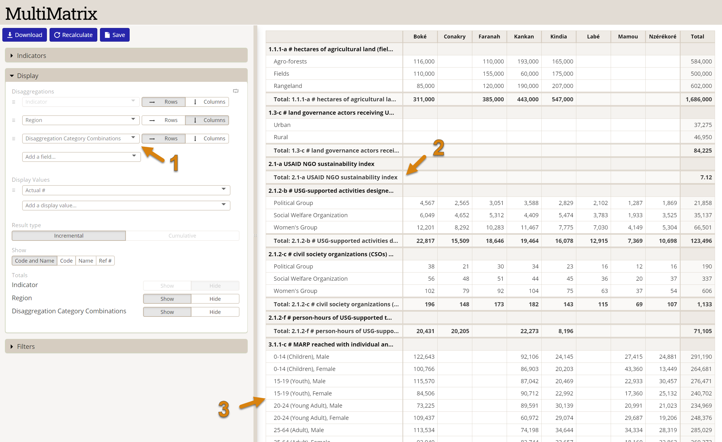 Screenshot showing Disaggregation Category Combination in action