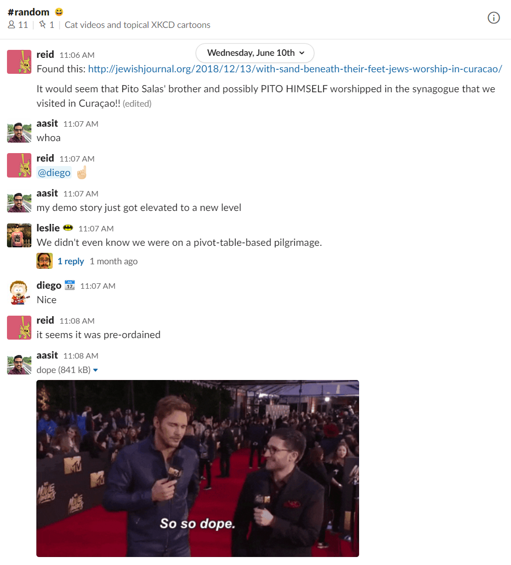 Reid shares his discovery with the whole team in Slack