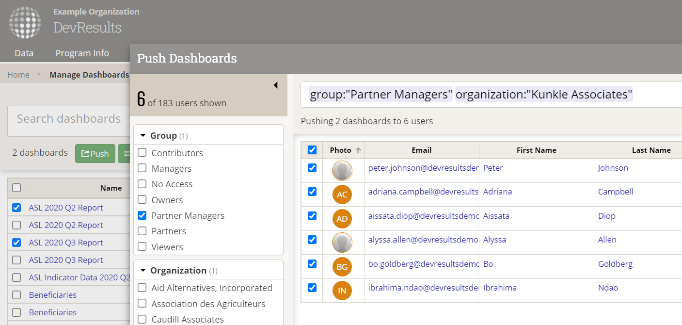 User index popup for on manage dashboards page