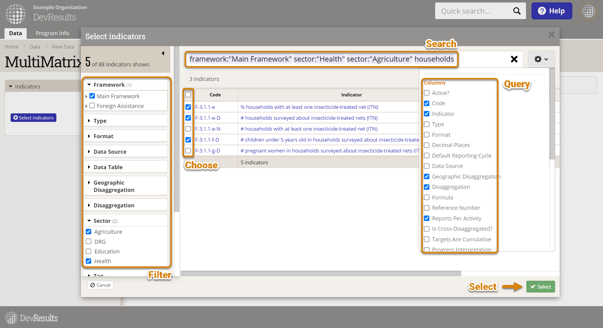 Indicator index popup on MultiMatrix report builder